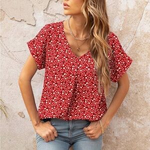 QUEZHU Red Floral V-Neck Short Sleeve Chiffon Blouse